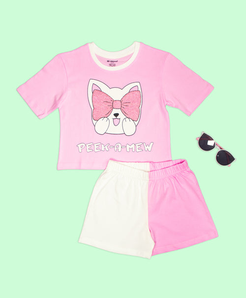 Girls Peek a Mew Glitter Print Oversized T-Shirt & Shorts Set