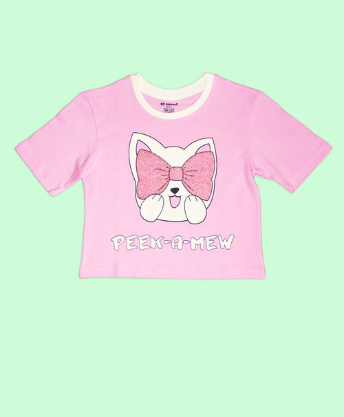 Girls Peek a Mew Glitter Print Oversized T-Shirt & Shorts Set