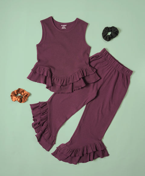 Girls Italian Plum Ruffle Trim Tank Top & Flared Trousers Set