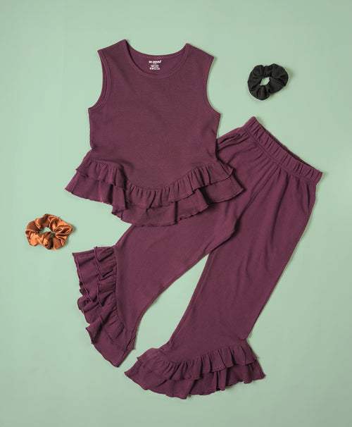 Girls Italian Plum Ruffle Trim Tank Top & Flared Trousers Set