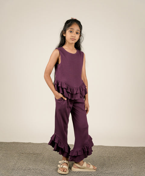Girls Italian Plum Ruffle Trim Tank Top & Flared Trousers Set