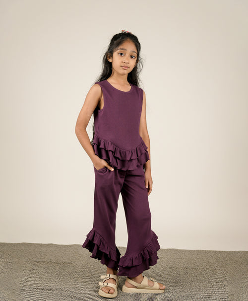 Girls Italian Plum Ruffle Trim Tank Top & Flared Trousers Set