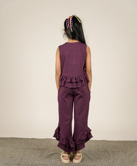 Girls Italian Plum Ruffle Trim Tank Top & Flared Trousers Set