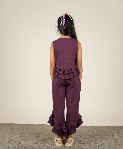 Girls Italian Plum Ruffle Trim Tank Top & Flared Trousers Set