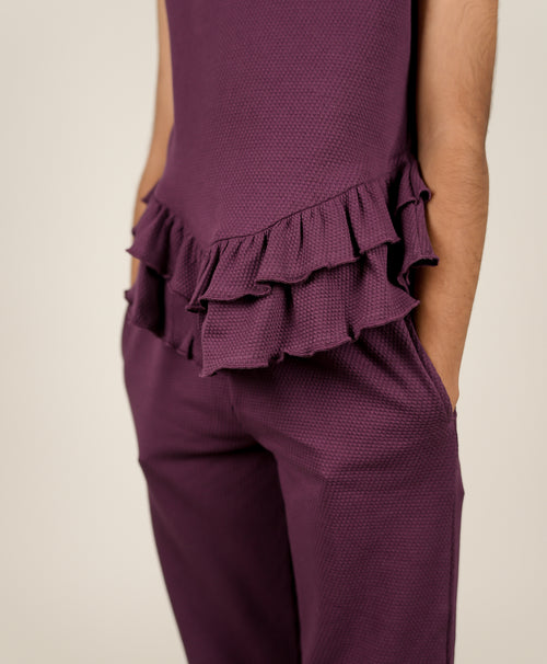Girls Italian Plum Ruffle Trim Tank Top & Flared Trousers Set