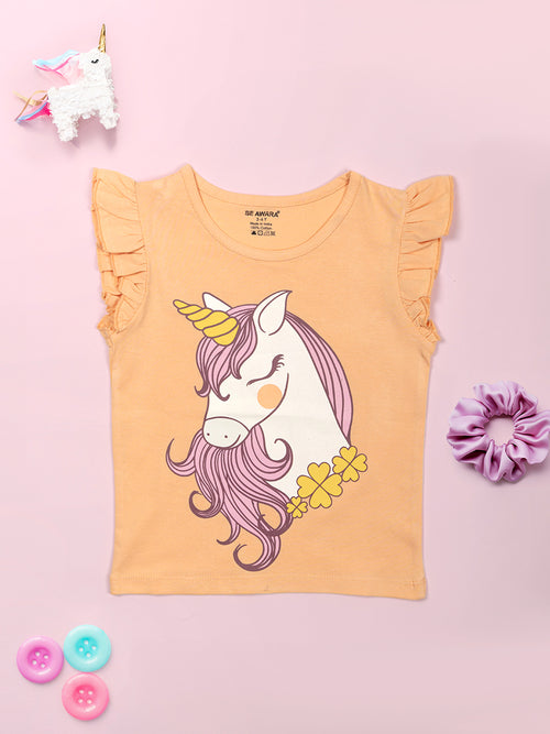 Girls Unicorn Print Ruffle Trim Flared Sleeves Top