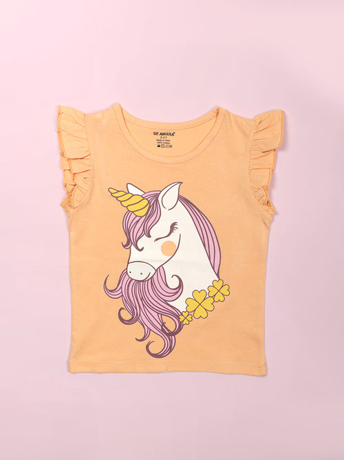 Girls Unicorn Print Ruffle Trim Flared Sleeves Top