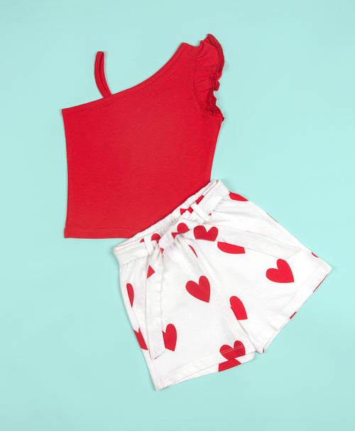 Girls One Shoulder Ruffle Trim Top & Heart Print Belted Shorts Set
