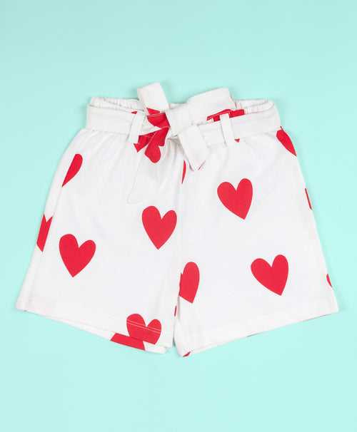 Girls One Shoulder Ruffle Trim Top & Heart Print Belted Shorts Set