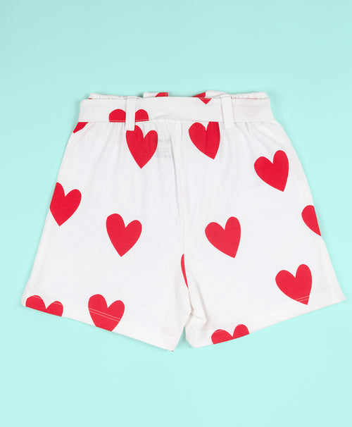 Girls One Shoulder Ruffle Trim Top & Heart Print Belted Shorts Set