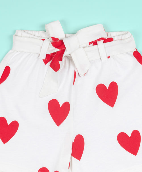 Girls One Shoulder Ruffle Trim Top & Heart Print Belted Shorts Set