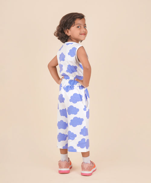 Girls Cloud Print Sleeveless Crop Top & Culottes Set