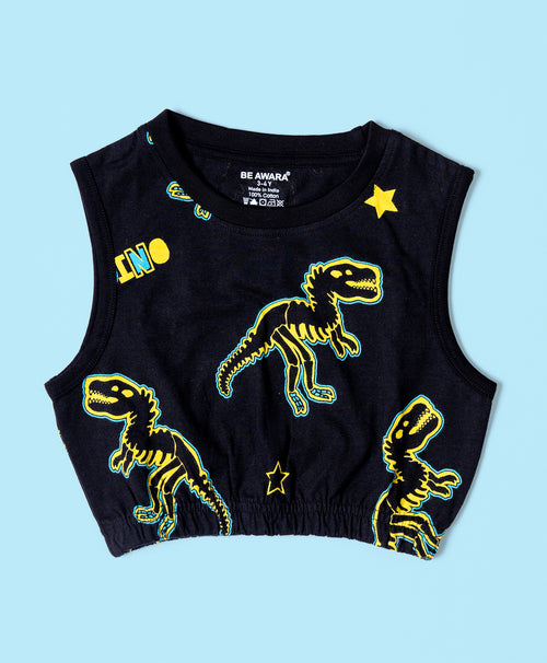 Girls Neon Dino Pattern Sleeveless Crop Top & Culottes Set