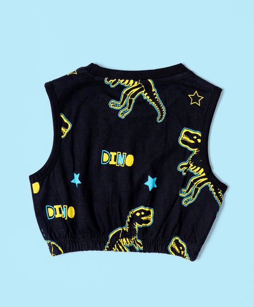 Girls Neon Dino Pattern Sleeveless Crop Top & Culottes Set