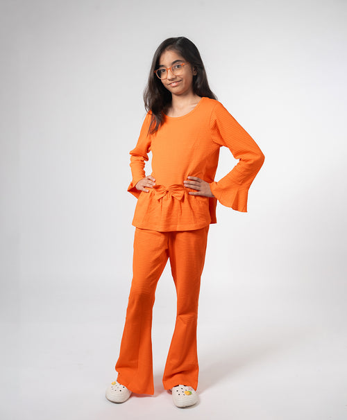 Girls Vermilion Flare Long Sleeve Bow Ruffle Hem A-line Top & Flared Pant Set