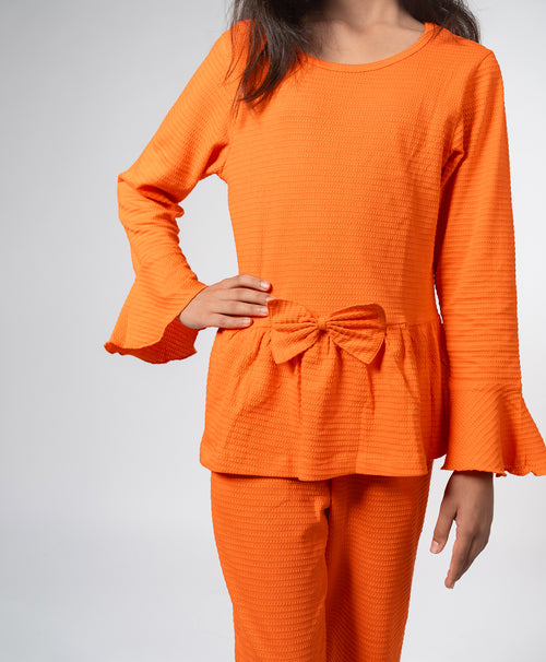 Girls Vermilion Flare Long Sleeve Bow Ruffle Hem A-line Top & Flared Pant Set