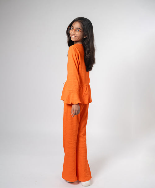 Girls Vermilion Flare Long Sleeve Bow Ruffle Hem A-line Top & Flared Pant Set