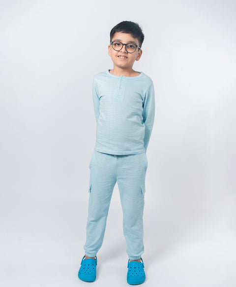 Boys Cool Blue Full Sleeves Henley T-Shirt & Pants Set