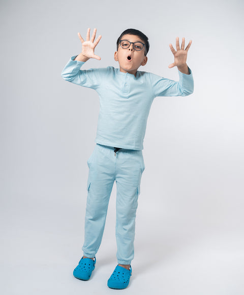 Boys Cool Blue Full Sleeves Henley T-Shirt & Pants Set