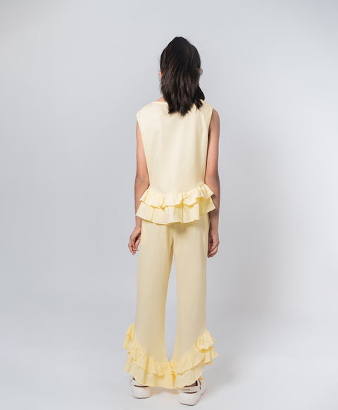 Girls Tender Yellow Ruffle Trim Tank Top & Flared Trousers Set