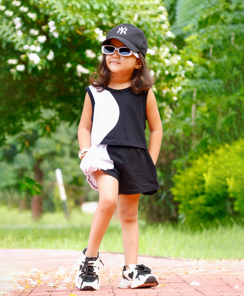 Girls Black & White Color Block Tank Top and Shorts Set