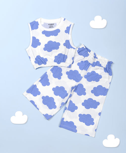 Girls Cloud Print Sleeveless Crop Top & Culottes Set