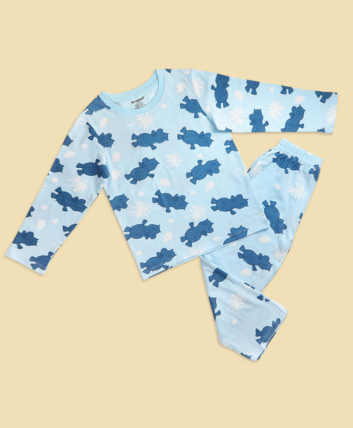 Kids Hippo Pattern Full Sleeves T-Shirt & Pajama Set