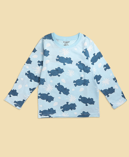 Kids Hippo Pattern Full Sleeves T-Shirt & Pajama Set