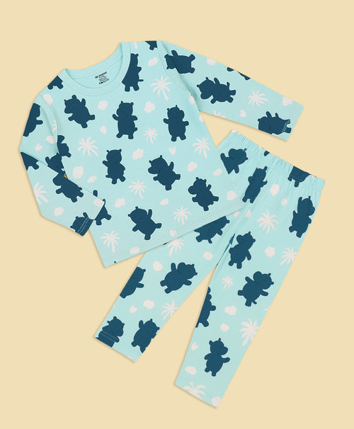 Kids Hippo Pattern Full Sleeves T-Shirt & Pajama Set