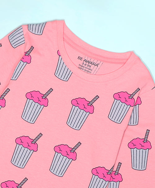 Milkshake Pattern Full Sleeves T-Shirt & Pajama Set