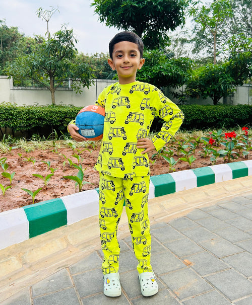 Auto Rickshaw Pattern Full Sleeves T-Shirt & Pajama Set