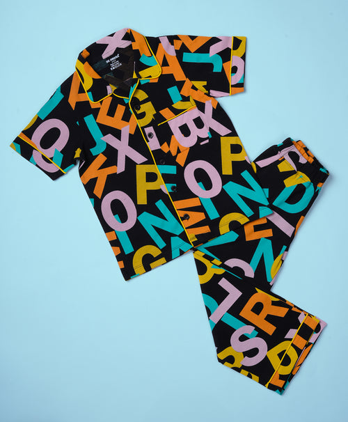 Kids Letter Graphic Print Half Sleeves Nightwear Pajama Set