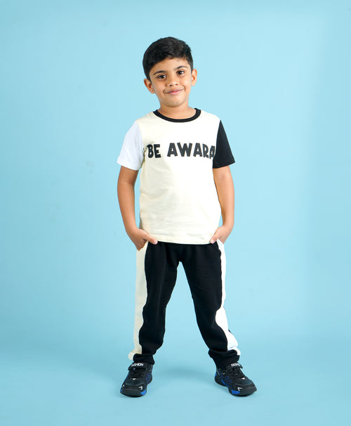 Boys Beige Be Awara Print Half Sleeves T-Shirt & Lounge Pant Set