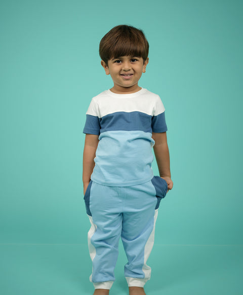 Boys Shades Of Blue Colorblock Half Sleeves T-Shirt & Lounge Pant Set