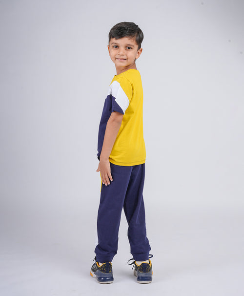 Boys Yellow & Blue Colorblock Half Sleeves T-Shirt & Lounge Pant Set