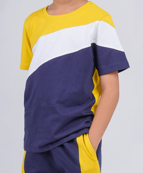Boys Yellow & Blue Colorblock Half Sleeves T-Shirt & Lounge Pant Set
