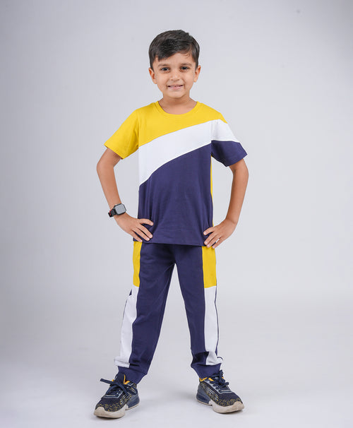 Boys Yellow & Blue Colorblock Half Sleeves T-Shirt & Lounge Pant Set