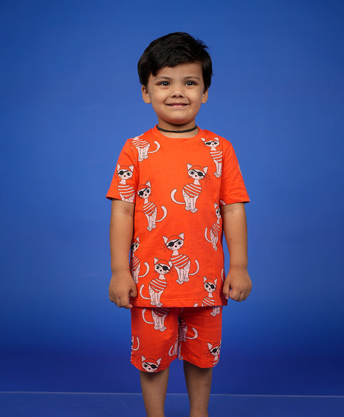 Piracat Pattern Half Sleeves T-Shirt & Shorts Set