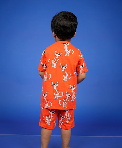 Piracat Pattern Half Sleeves T-Shirt & Shorts Set