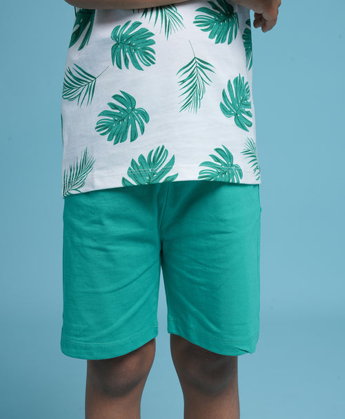 Green Leaf's Print Half Sleeves T-Shirt & Shorts Set