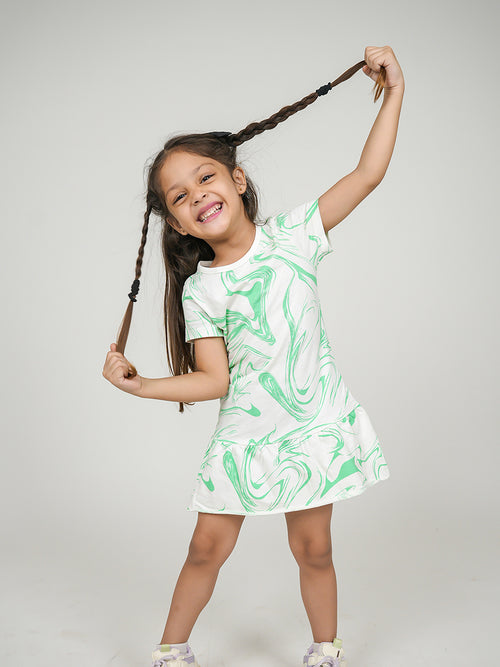 Girls Green Marble Print Fit & Flared Dress