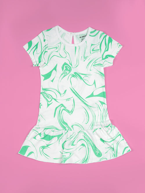 Girls Green Marble Print Fit & Flared Dress
