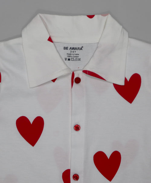 Boys Heart Print Half Sleeves Shirt & Shorts Set With Bow Tie