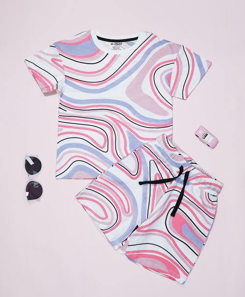 Multicolor Marble Print Drop Shoulder T-Shirt & Shorts Set