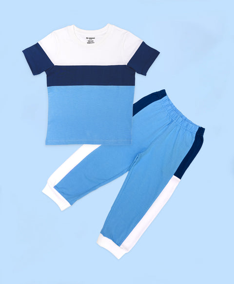 Boys Shades Of Blue Colorblock Half Sleeves T-Shirt & Lounge Pant Set