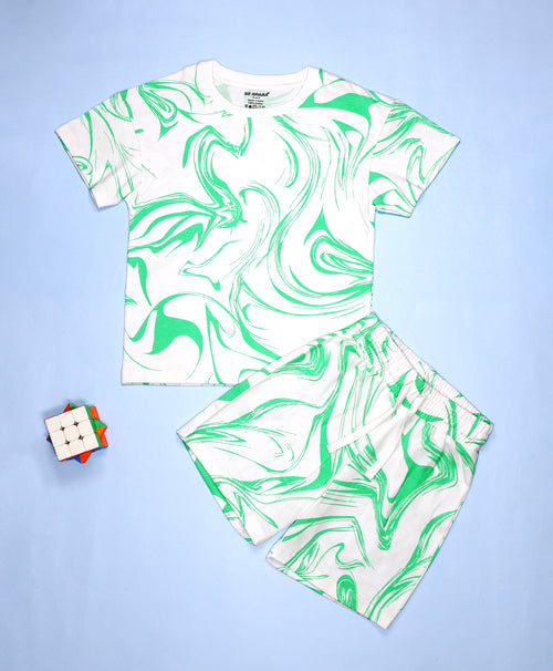 Kids Green Marble Print Drop Shoulder T-Shirt & Shorts Set