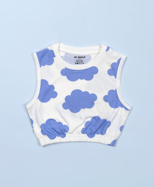 Girls Cloud Print Sleeveless Crop Top & Culottes Set
