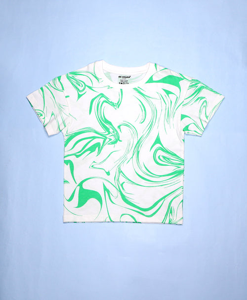 Kids Green Marble Print Drop Shoulder T-Shirt & Shorts Set