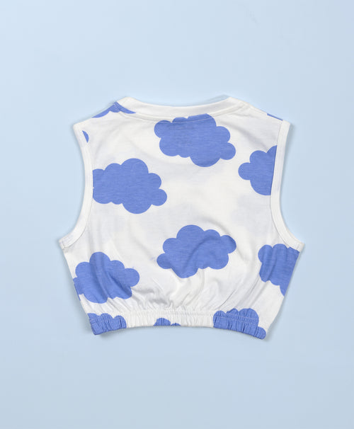 Girls Cloud Print Sleeveless Crop Top & Culottes Set
