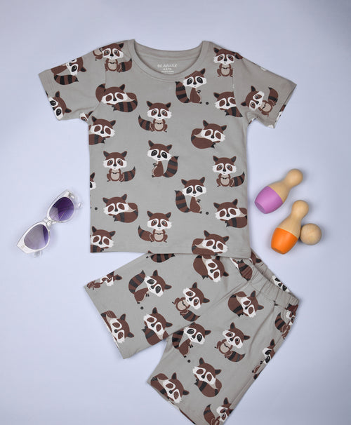 Racoon Pattern Half Sleeves T-Shirt & Shorts Set - Be Awara